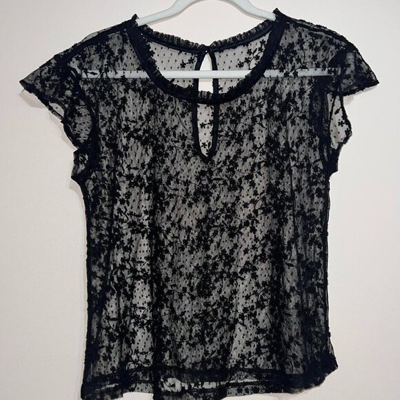 Black Mesh Lace Vintage Short Sleeve Top - Picture 3 of 3